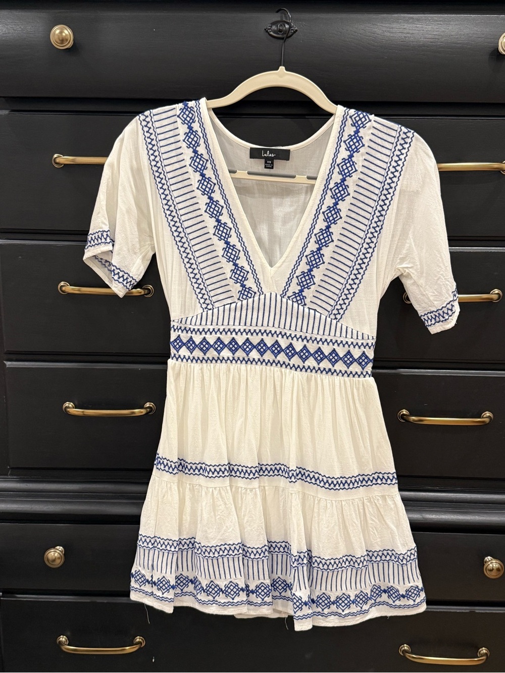 Lulu's White Mini Dress with Blue Embroidery